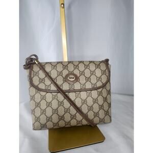 Gucci GG Monogram Supreme Crossbody Bag Brown Leather Trim Vintage